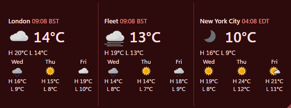WeatherRibbon as a horizontal ribbon in deep red, three cities running east from Greenwich: London at 09:08 BST, cloudy, 14°C, today H 20°C L 14°C; Fleet at 09:08 BST, foggy cloud, 13°C, H 19°C L 13°C; New York City at 04:08 EDT, a crescent moon, 10°C, H 16°C L 9°C. Beneath each, Wednesday, Thursday and Friday, each with a weather symbol and its high above its low.