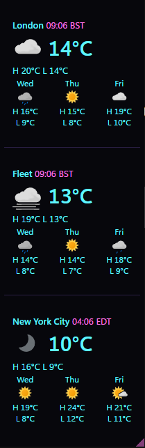 The same three cities on a vertical ribbon, glowing cyan figures on near black, stacked London, Fleet, then New York City, each with its local time, the weather now, today's high and low and the three days after; the resize grip sits in the bottom corner.
